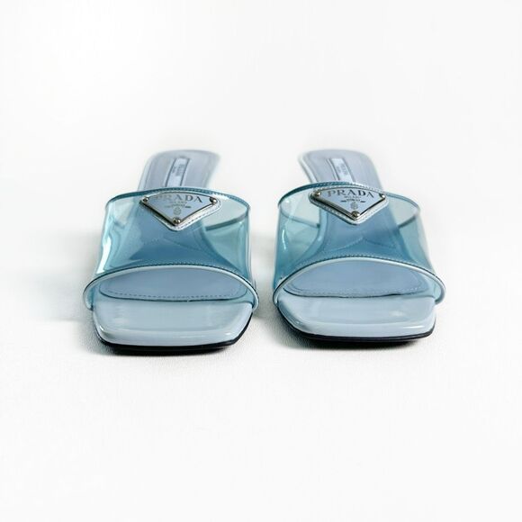 PRADA Blue Ciabatte Triangle Logo Slide Sandal Heels Size 37 Mule Clear PVC - Picture 8 of 13